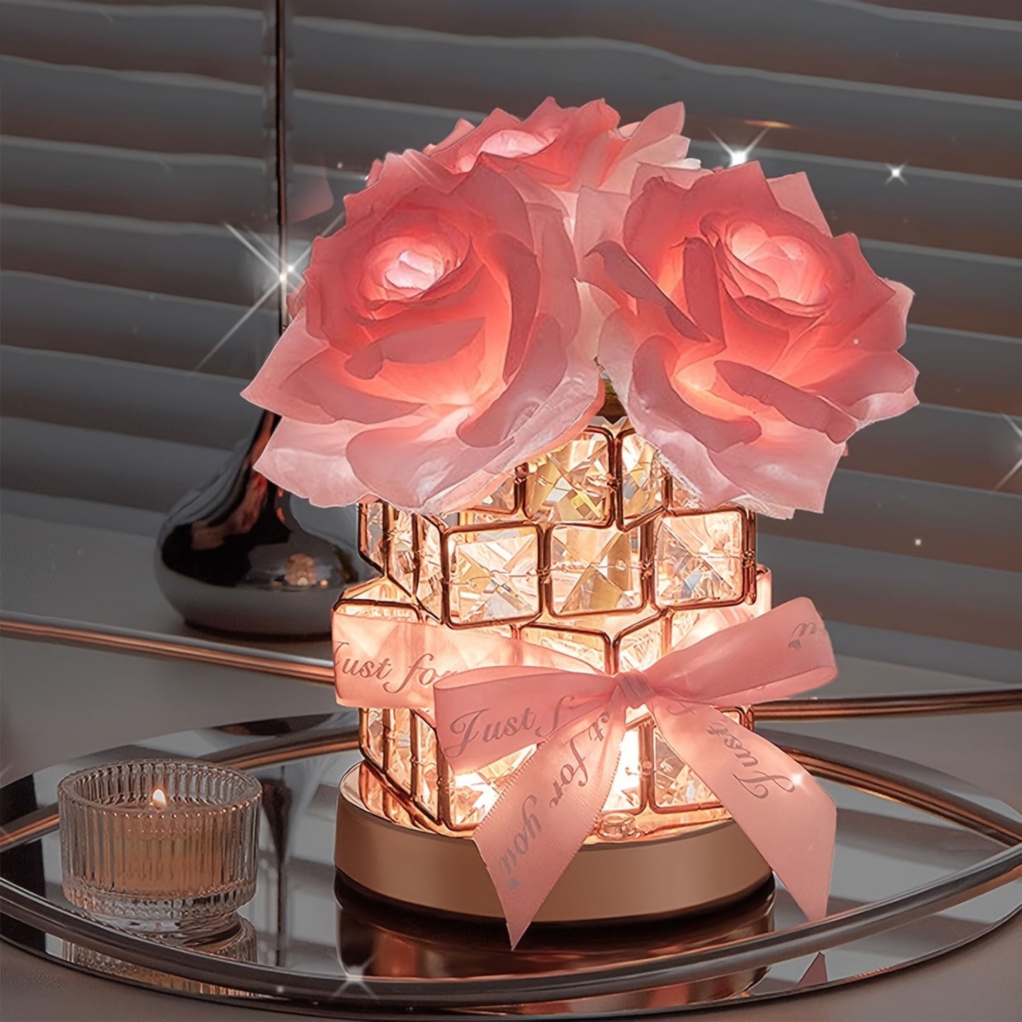 Enchanting Rose Crystal Table Lamp Rechargeable Cordless Dimmable Led Flower Design
