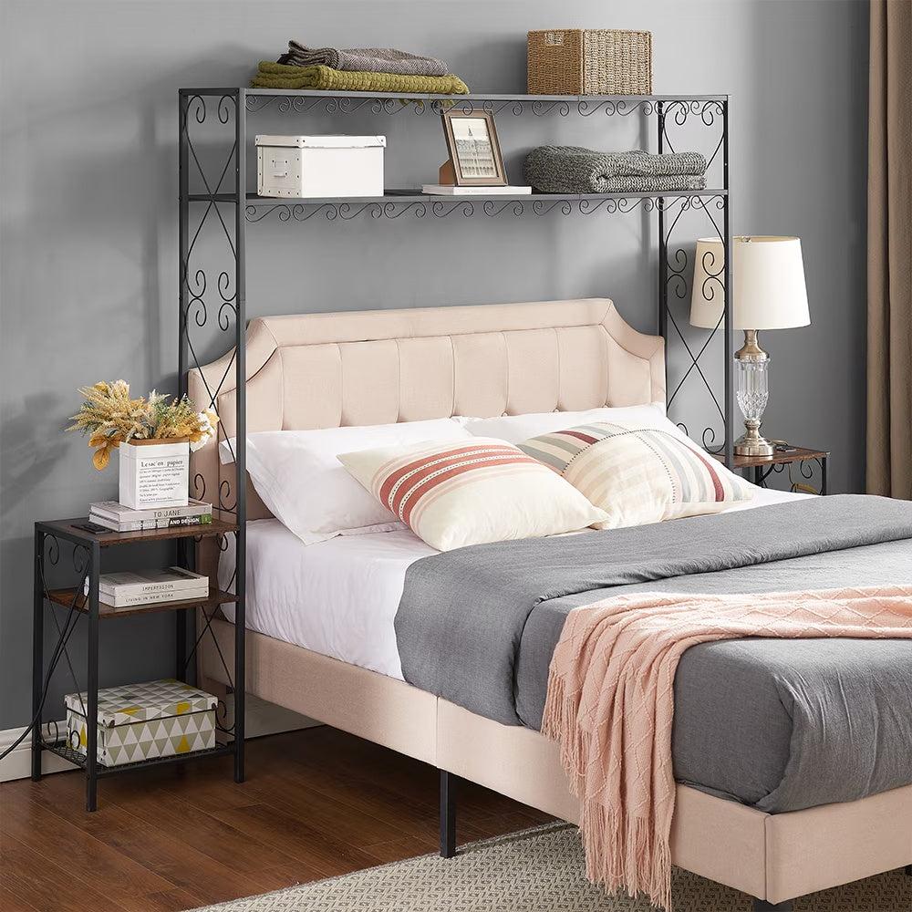 Queen Size Metal Storage Headboard With Charging Stations 2 Nightstands And Storage Shelves For Bedroom