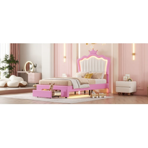 Twin Size Upholstered Bed Frame With Led Lights Modern Upholstered Princess Bed With Crown Headboard A Drawer