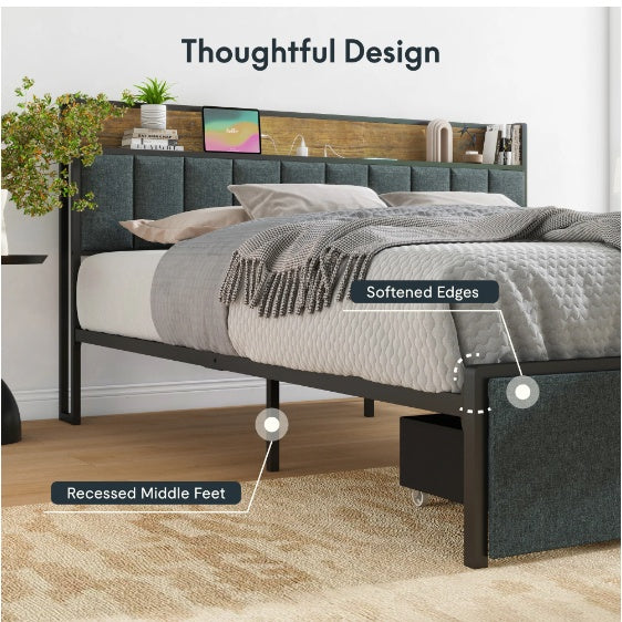Full Bed Frame With Charging Station And Led Lights Upholstered Headboard With Storage Shelves