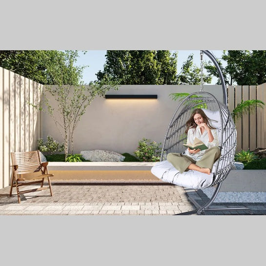 Swing Egg Chair With Stand Indoor And Outdoor Rattan Patio Basket Sling Chair With C Bracket Patio Wicker Folding Sling Chair