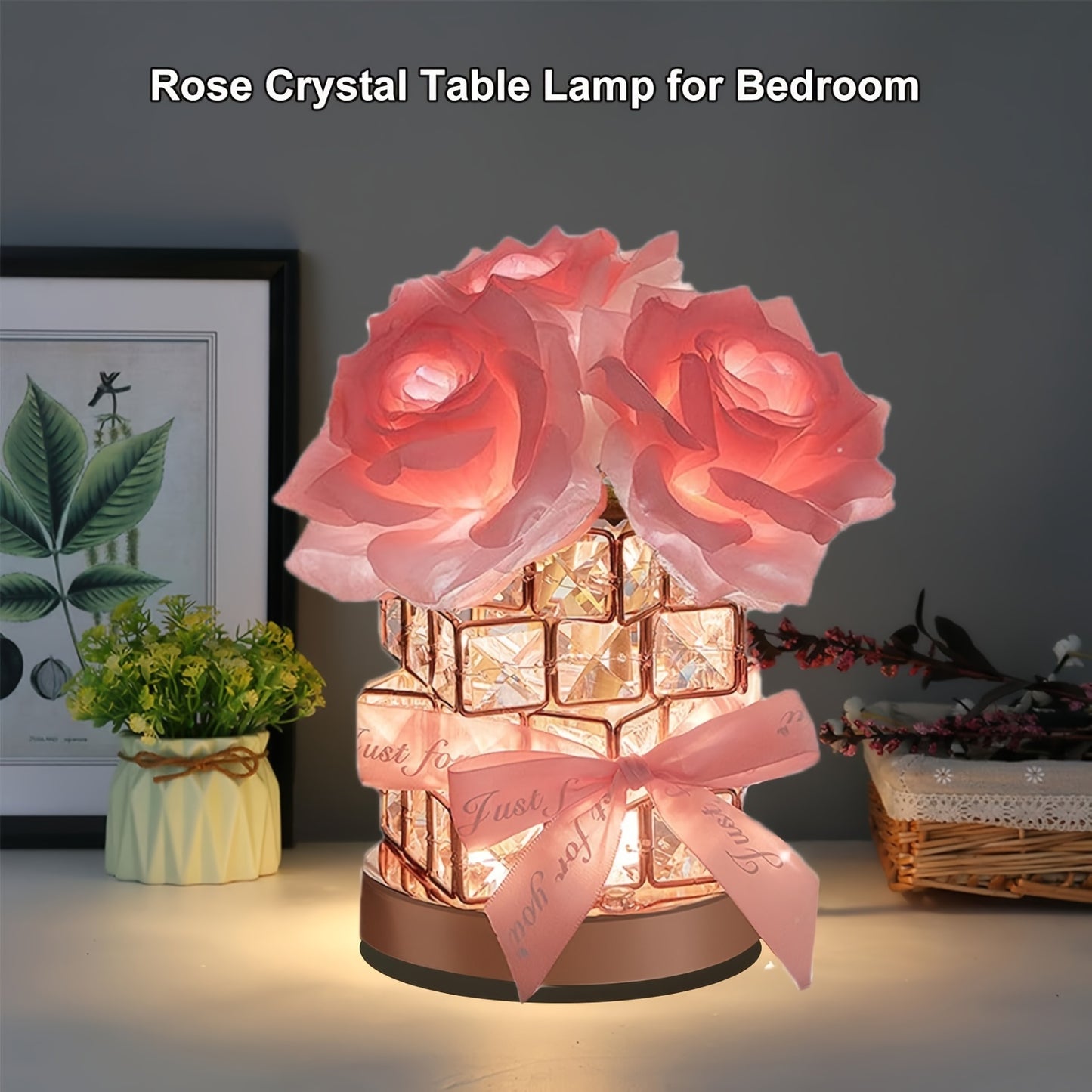 Enchanting Rose Crystal Table Lamp Rechargeable Cordless Dimmable Led Flower Design