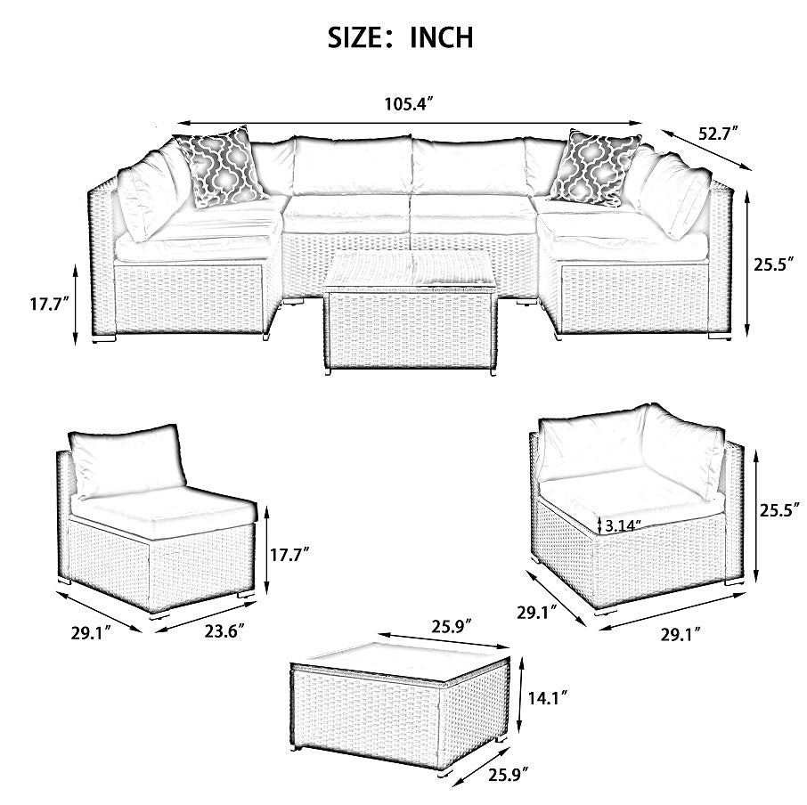 Patio Furniture Outdoor Furniture Seasonal Pe Wicker Furniture 7 Set Wicker Furniture With Tempered Glass Coffee Table