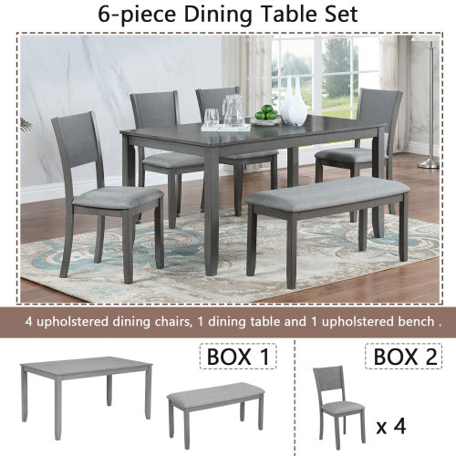 6 Piece Wooden Dining Table Set – Rectangular Table With 4 Upholstered Chairs & Bench For Kitchen Or Dining Room (Gray)