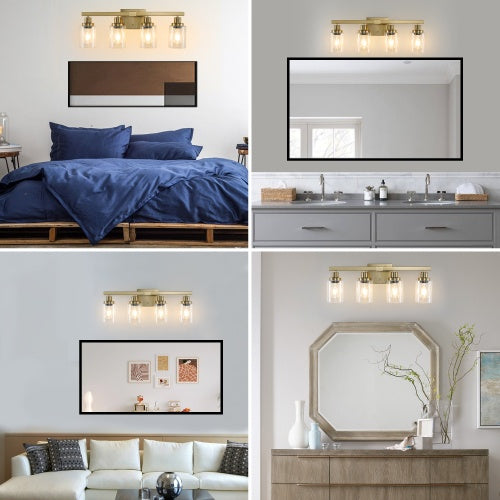 Gold 4 Lamp Vanity Light With Clear Glass Shade Modern Iron Metal Bathroom Wall Fixture For Bathroom Dresser No Bulbs