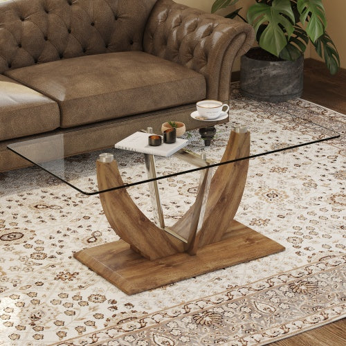 Modern Minimalist Glass Coffee Table Tempered Glass Top With Marble Pattern Mdf Legs Steel Accents