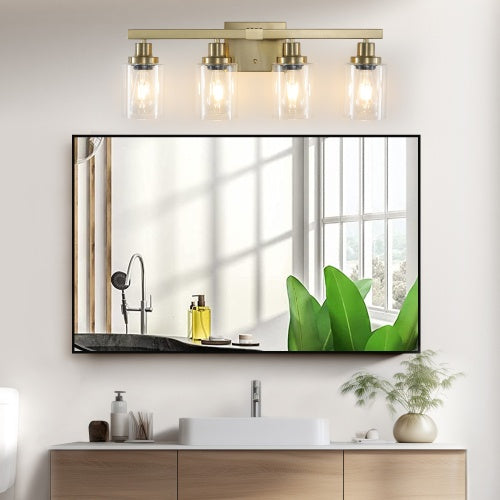Gold 4 Lamp Vanity Light With Clear Glass Shade Modern Iron Metal Bathroom Wall Fixture For Bathroom Dresser No Bulbs