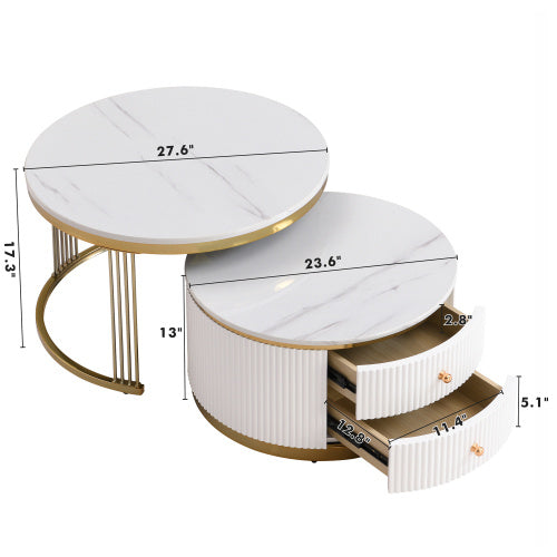 HavenlyHomes' Modern 2 Piece White Circular Nested Coffee Table With Drawers 27 6 Inches