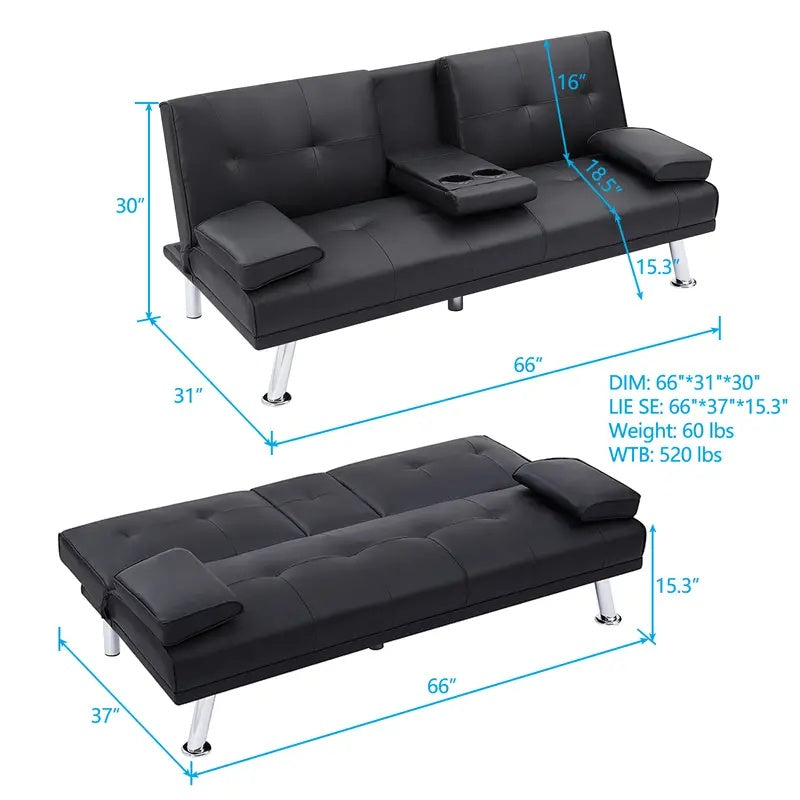 Black Pu 66Inch Sleeper Sofa 2 Seat Sofa With Cup Holder Folding Sofa Bed Accompany Two Head Pillows