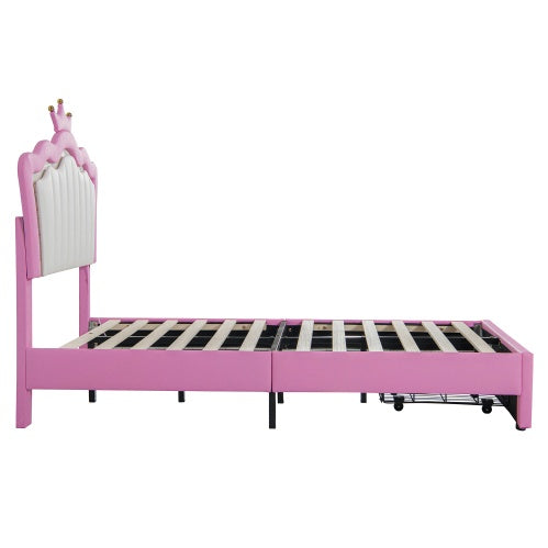 Twin Size Upholstered Bed Frame With Led Lights Modern Upholstered Princess Bed With Crown Headboard A Drawer