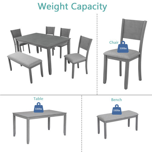 6 Piece Wooden Dining Table Set – Rectangular Table With 4 Upholstered Chairs & Bench For Kitchen Or Dining Room (Gray)