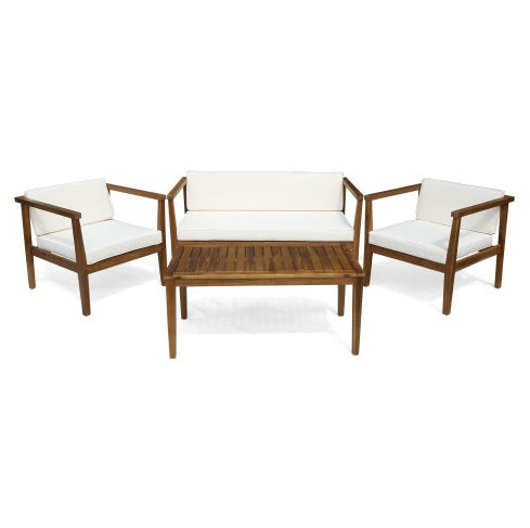 Outdoor 4 Seater Acacia Wood Chat Set With Coffee Table With Cushions Teak And Beige