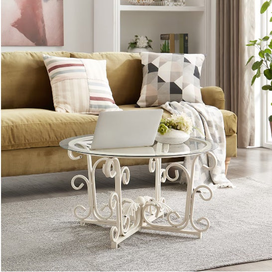 Round Tempered Glass Coffee Table With Metal Leaf Shape Base Leisure Cocktail Table With Tempered Glass Top For Living Room