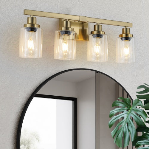 Gold 4 Lamp Vanity Light With Clear Glass Shade Modern Iron Metal Bathroom Wall Fixture For Bathroom Dresser No Bulbs