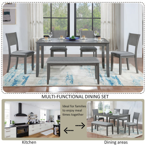 6 Piece Wooden Dining Table Set – Rectangular Table With 4 Upholstered Chairs & Bench For Kitchen Or Dining Room (Gray)