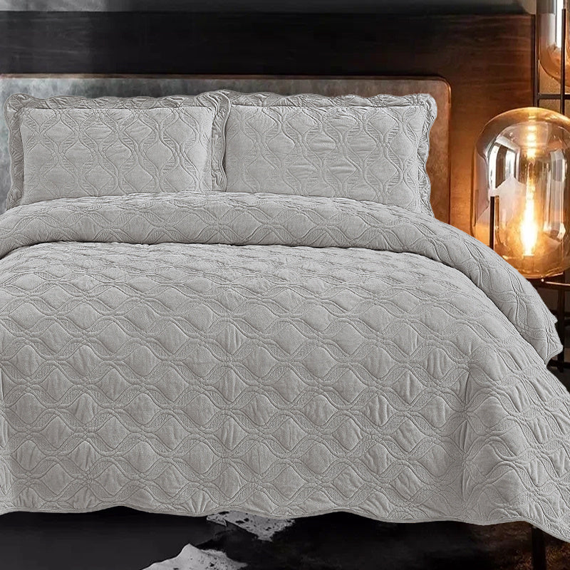 Velvet Embroidered Quilt Set Light Grey