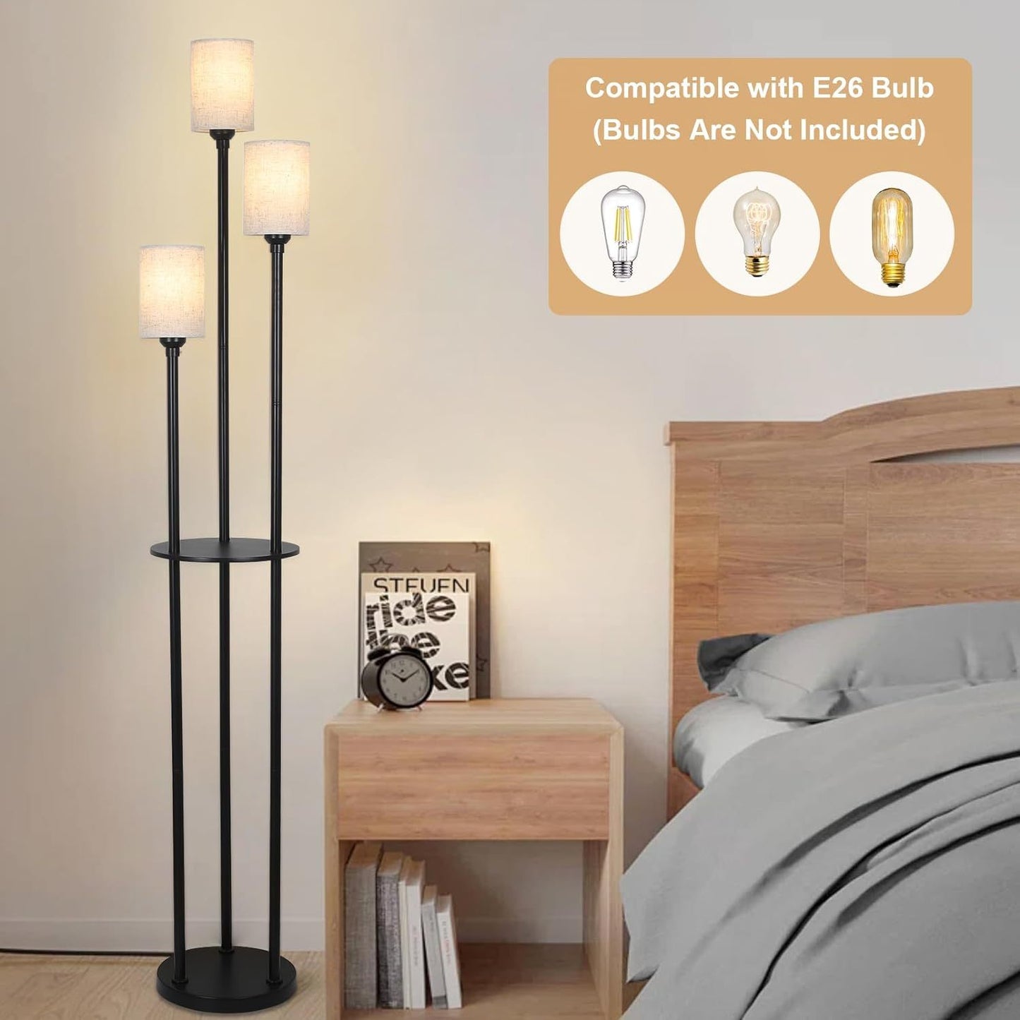 Floor Lamp With Shelf Floor Lamp For Modern Living Room 3 Light Standing Lamp With Linen Shade And Foot Switch
