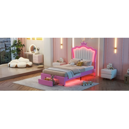 Twin Size Upholstered Bed Frame With Led Lights Modern Upholstered Princess Bed With Crown Headboard A Drawer