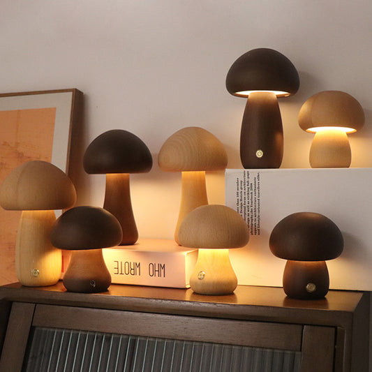 Adorable Wooden Mushroom LED Night Light – Touch Control Bedside Lamp for Cozy Kids' Rooms & Sweet Dreams