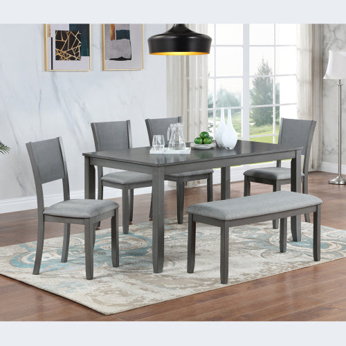 6 Piece Wooden Dining Table Set – Rectangular Table With 4 Upholstered Chairs & Bench For Kitchen Or Dining Room (Gray)