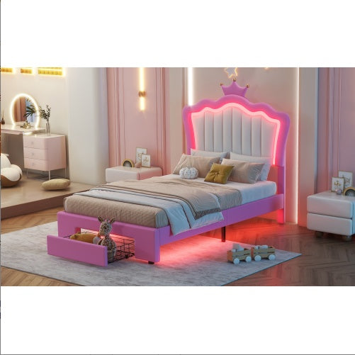 Twin Size Upholstered Bed Frame With Led Lights Modern Upholstered Princess Bed With Crown Headboard A Drawer