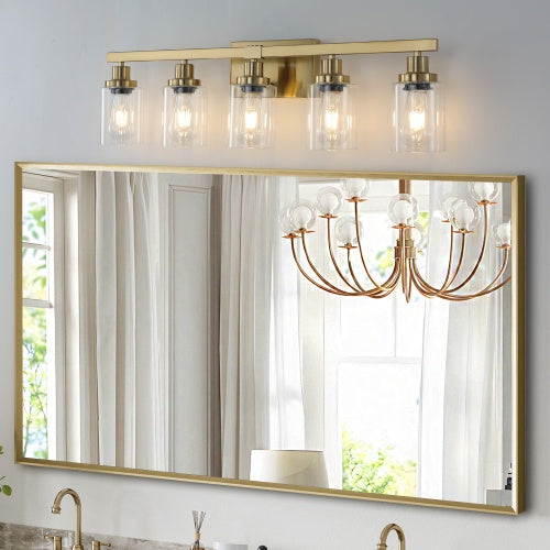 Gold 5 Light Vanity Light With Clear Glass Shade Modern Iron Bathroom Wall Fixture For Bathroom Dresser No Bulbs