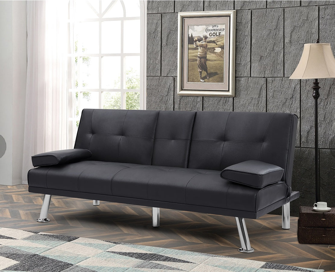 Black Pu 66Inch Sleeper Sofa 2 Seat Sofa With Cup Holder Folding Sofa Bed Accompany Two Head Pillows