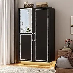 70 Armoire Wardrobe With Mirror Doors And Led Lights 2 Doors Closet With Hanging Rod And Shelves Large Capacity Wooden Storag