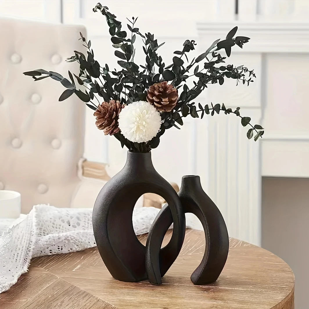 Hollow Nordic Modern Ceramic Vase Set Of 2 For Modern Home Decor Modern Boho Hollow Flower Vases For Living Room Bookshelf