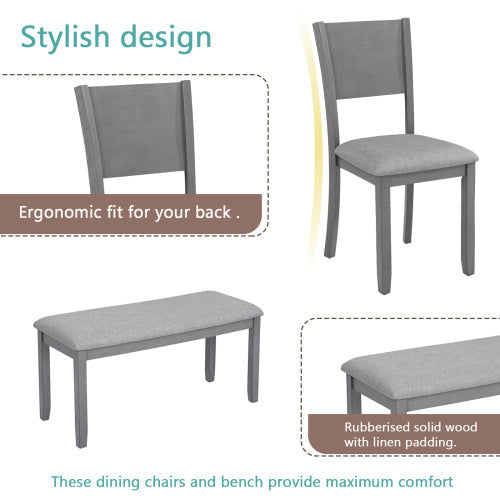 6 Piece Wooden Dining Table Set – Rectangular Table With 4 Upholstered Chairs & Bench For Kitchen Or Dining Room (Gray)