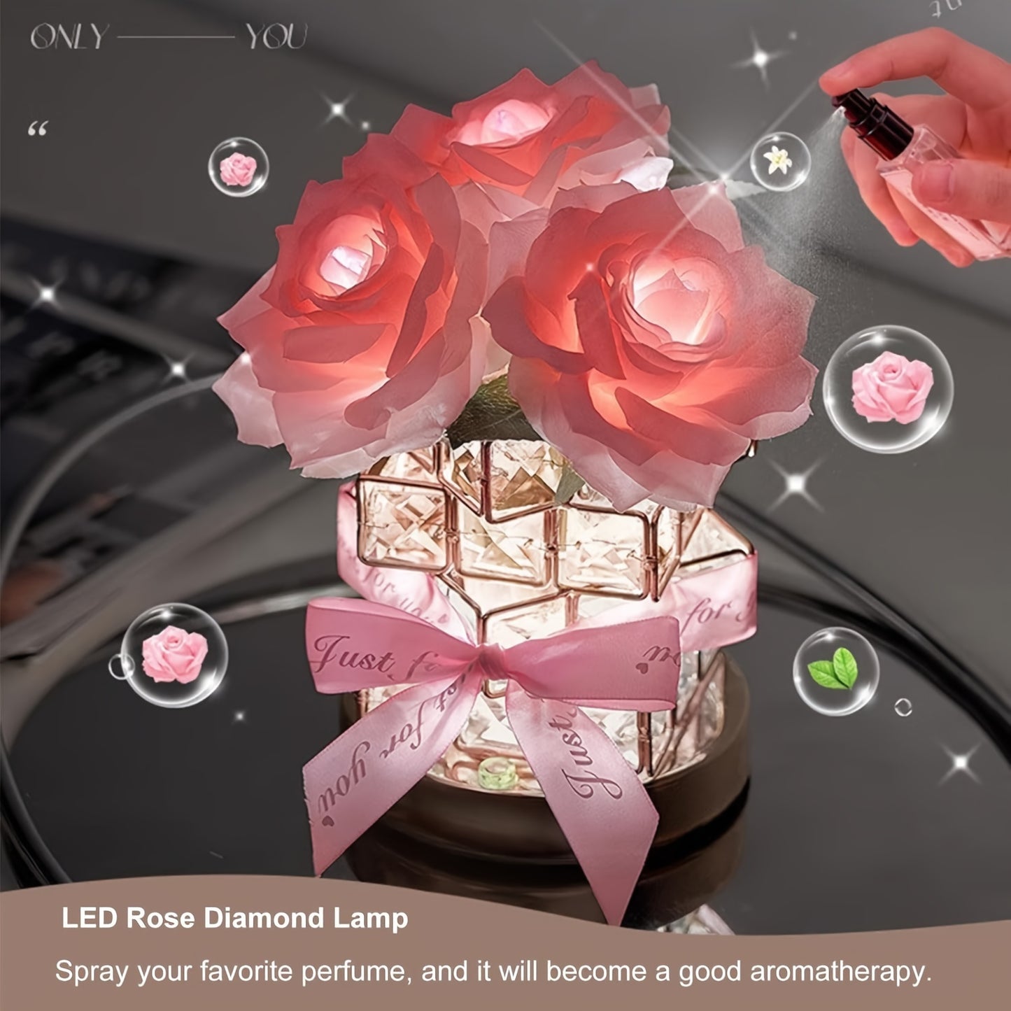 Enchanting Rose Crystal Table Lamp Rechargeable Cordless Dimmable Led Flower Design