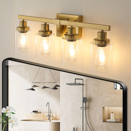 Gold 4 Lamp Vanity Light With Clear Glass Shade Modern Iron Metal Bathroom Wall Fixture For Bathroom Dresser No Bulbs
