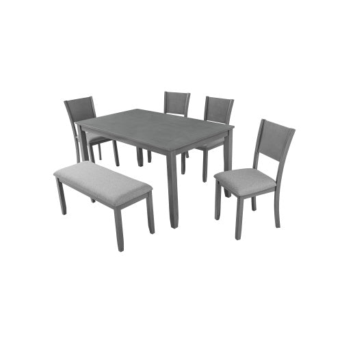 6 Piece Wooden Dining Table Set – Rectangular Table With 4 Upholstered Chairs & Bench For Kitchen Or Dining Room (Gray)