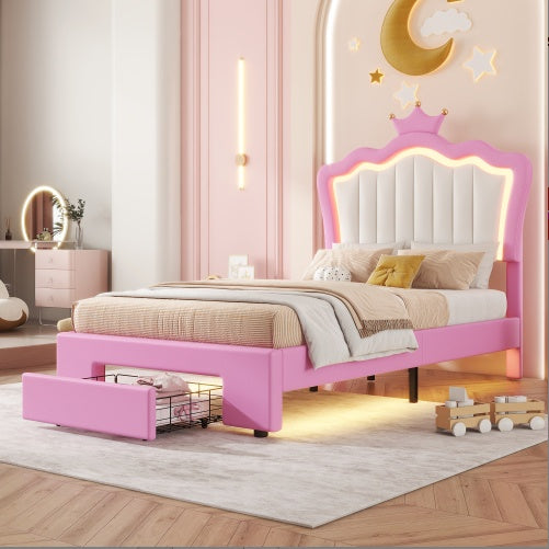 Twin Size Upholstered Bed Frame With Led Lights Modern Upholstered Princess Bed With Crown Headboard A Drawer