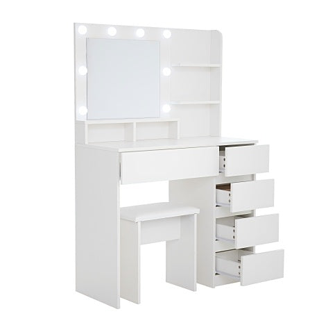 Vanity Makeup Desk Set With Mirror & Light, Dressing Table Storage Lots With Power Strip, 3 Lighting Modes With Adjustable Brightness