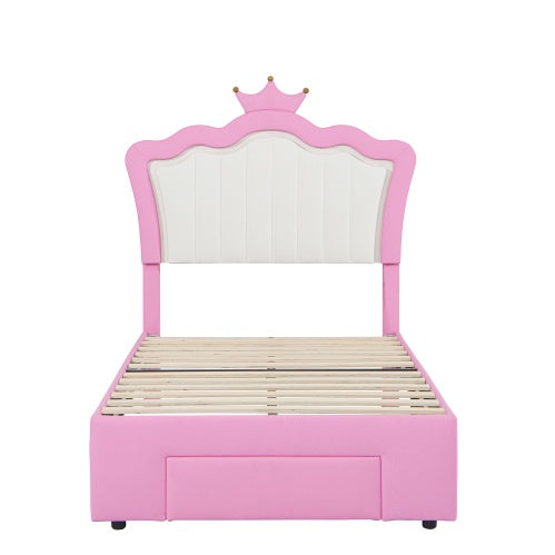 Twin Size Upholstered Bed Frame With Led Lights Modern Upholstered Princess Bed With Crown Headboard A Drawer