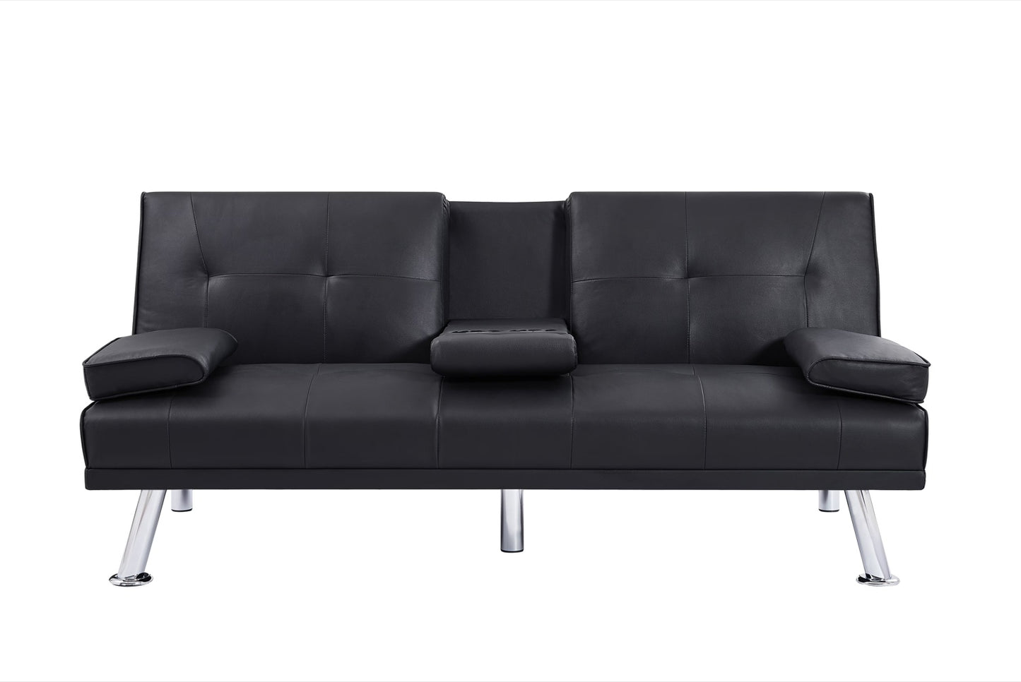 Black Pu 66Inch Sleeper Sofa 2 Seat Sofa With Cup Holder Folding Sofa Bed Accompany Two Head Pillows