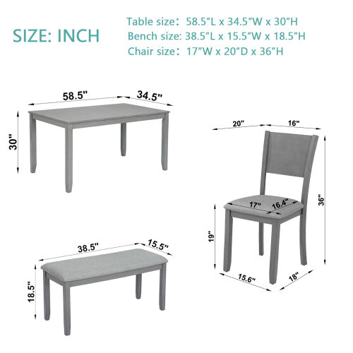 6 Piece Wooden Dining Table Set – Rectangular Table With 4 Upholstered Chairs & Bench For Kitchen Or Dining Room (Gray)