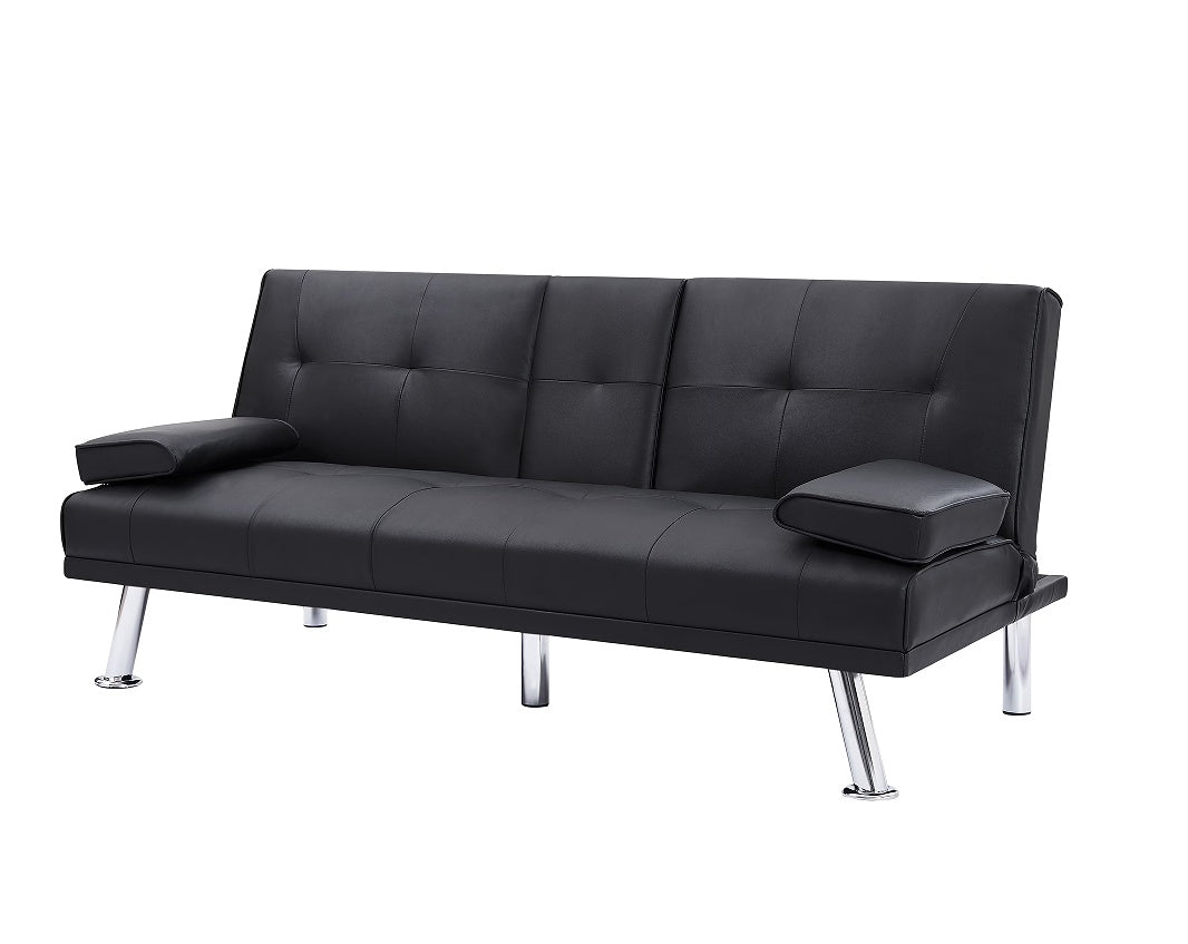 Black Pu 66Inch Sleeper Sofa 2 Seat Sofa With Cup Holder Folding Sofa Bed Accompany Two Head Pillows