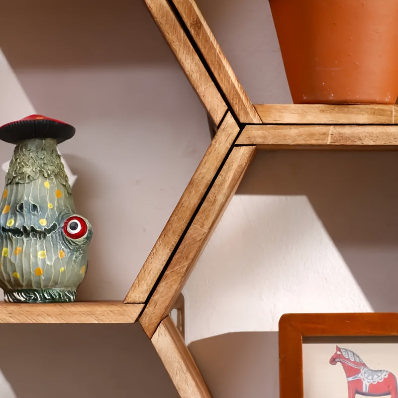 Hexagonal Floating Shelf Wooden Honeycomb Wall Storage