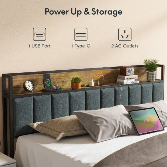 King Size Bed Frame With Charging Station And Led Lights Upholstered Headboard With Storage Shelves