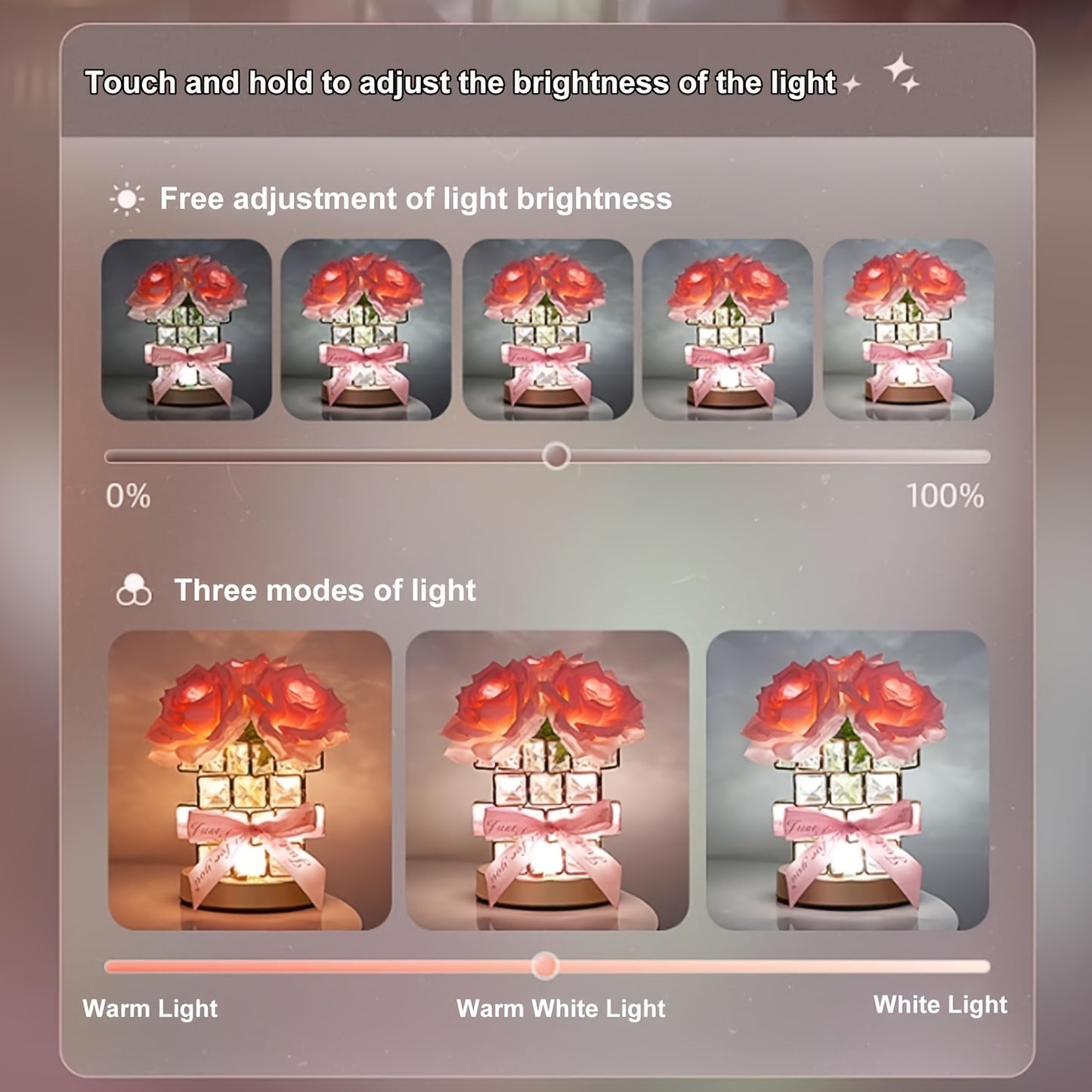 Enchanting Rose Crystal Table Lamp Rechargeable Cordless Dimmable Led Flower Design