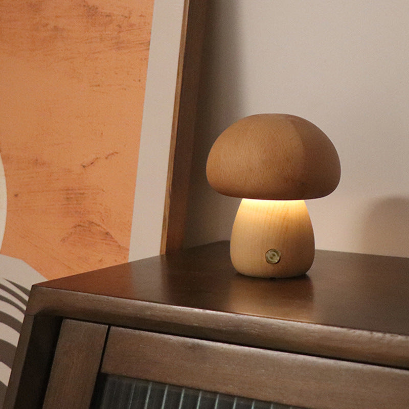 Adorable Wooden Mushroom LED Night Light – Touch Control Bedside Lamp for Cozy Kids' Rooms & Sweet Dreams