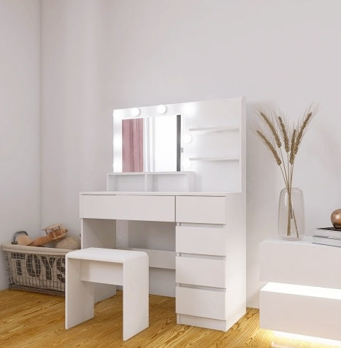 Makeup Vanity Desk Set With Mirror Light, Dressing Table Storage Lots With Power Strip, 3 Lighting Modes With Adjustable Brightness