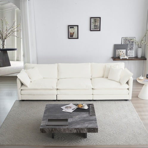 Mid Century Modern Couch 3 Seater Sofa With 2 Armrest Pillows And 3 Toss Pillows Couch For Living Room White Chenille