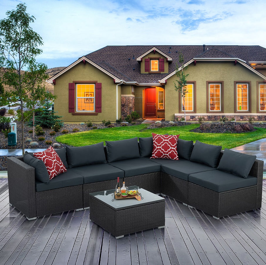 Patio Furniture Outdoor Furniture Seasonal Pe Wicker Furniture 7 Set Wicker Furniture With Tempered Glass Coffee Table