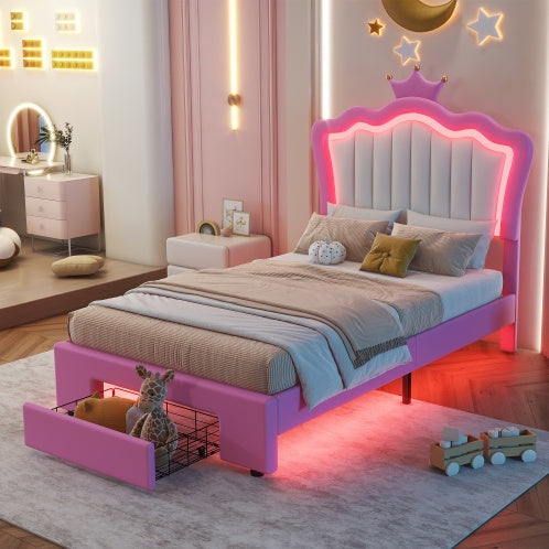 Twin Size Upholstered Bed Frame With Led Lights Modern Upholstered Princess Bed With Crown Headboard A Drawer