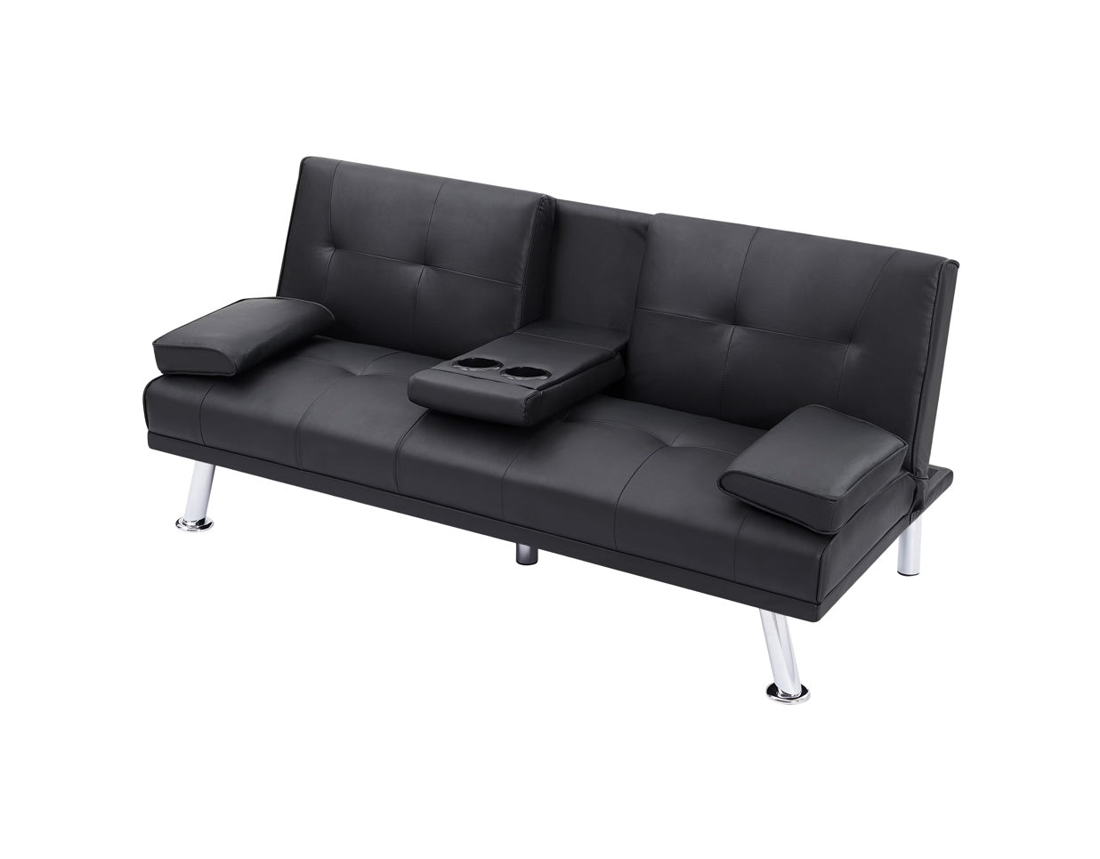 Black Pu 66Inch Sleeper Sofa 2 Seat Sofa With Cup Holder Folding Sofa Bed Accompany Two Head Pillows