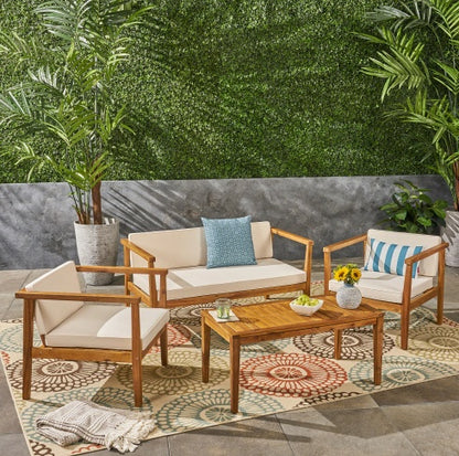 Outdoor 4 Seater Acacia Wood Chat Set With Coffee Table With Cushions Teak And Beige