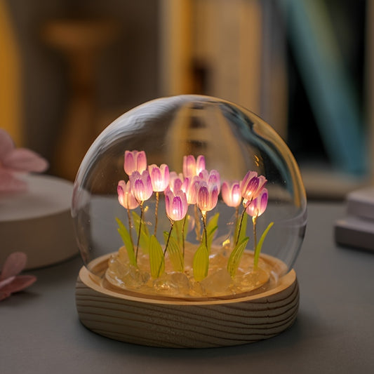 Unique Glass Tulip Night Light - USB Powered, Art Deco Style, Tabletop Decor for Home